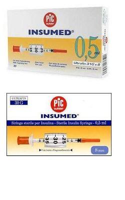 SIRINGA PER INSULINA PIC INSUMED 0,5 ML 100 UI AGO GAUGE 29 LUNGHEZZA 12,7 MM SENZA SPAZIO MORTO 3 SACCHETTI DA 10 PEZZI - farmachicca
