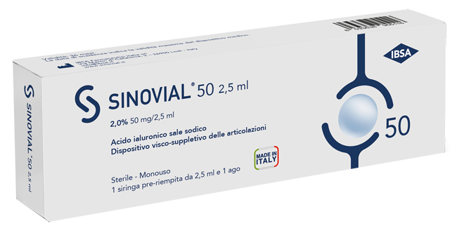 SIRINGA INTRA-ARTICOLARE SINOVIAL 50 ACIDO IALURONICO 2% 50 MG/2,5 ML 1 FS + AGO GAUGE 21 1 PEZZO - farmachicca