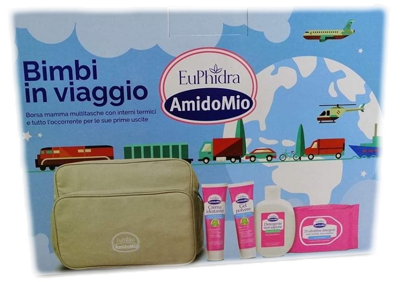 EUPHIDRA AMIDOMIO BORSA BIMBI VIAGGIO GEL POLVERE 50ML + DETERGENTE NON SAPONE 200ML + CREMA IDRATANTE 50ML + SALVIETTINE 20 PEZZI - farmachicca
