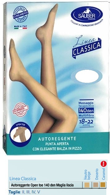 SAUBER AUTOREGGENTE OPEN TOE MAGLIA LISCIA 140 DEN COLORE NEUTRO BEIGE TAGLIA 2 LINEA CLASSICA - farmachicca