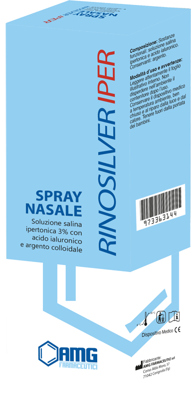 RINOSILVER SOLUZIONE SALINA IPERTONICA 3% CON ACIDO IALURONICO E ARGENTO COLLOIDALE SPRAY NASALE 20 ML - farmachicca