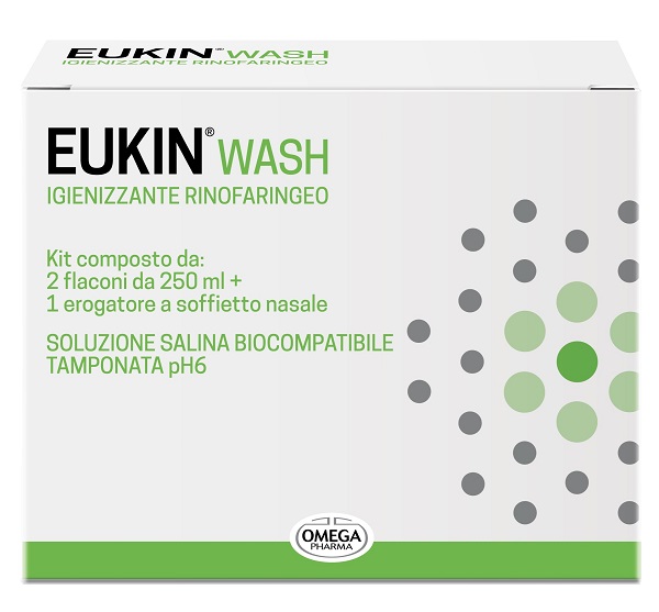 EUKIN WASH IGIENIZZANTE RINOFARINGEO KIT 2 FLACONI DA 250 ML + EROGATORE A SOFFIETTO NASALE - farmachicca