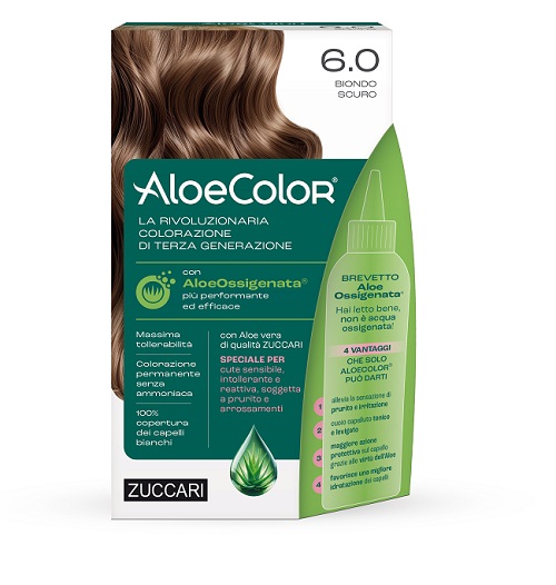 ALOECOLOR 6,0 BIONDO SCURO TINTA PERMANENTE CAPELLI COLORE AD ALTA PIGMENTAZIONE 50 ML + RIVELATORE ALOEOSSIGENATA 75 ML + SHAMPOO ALOECARE 15 ML + GUANTI - farmachicca